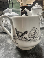 Hand-Painted Porcelain Coffee Pot, Teapot and Creamer with Grisaille Landscapes, Signed Claire and Dated C. Smith 1-84