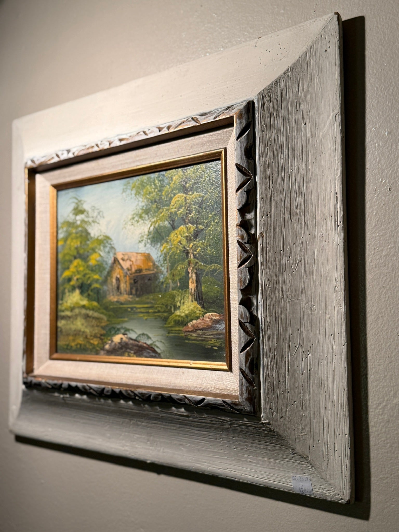 Mid-Century Impasto Landscape Oil Painting Signed “TRASK” — Cottage & River Scene, c. 1955–1965