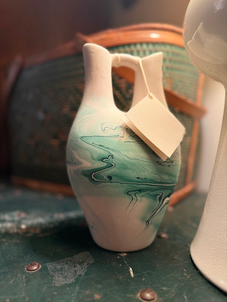 Vintage Nemadji Pottery Ceremonial Double-Spout Vase in Green & Ivory, c. 1970s–1980s