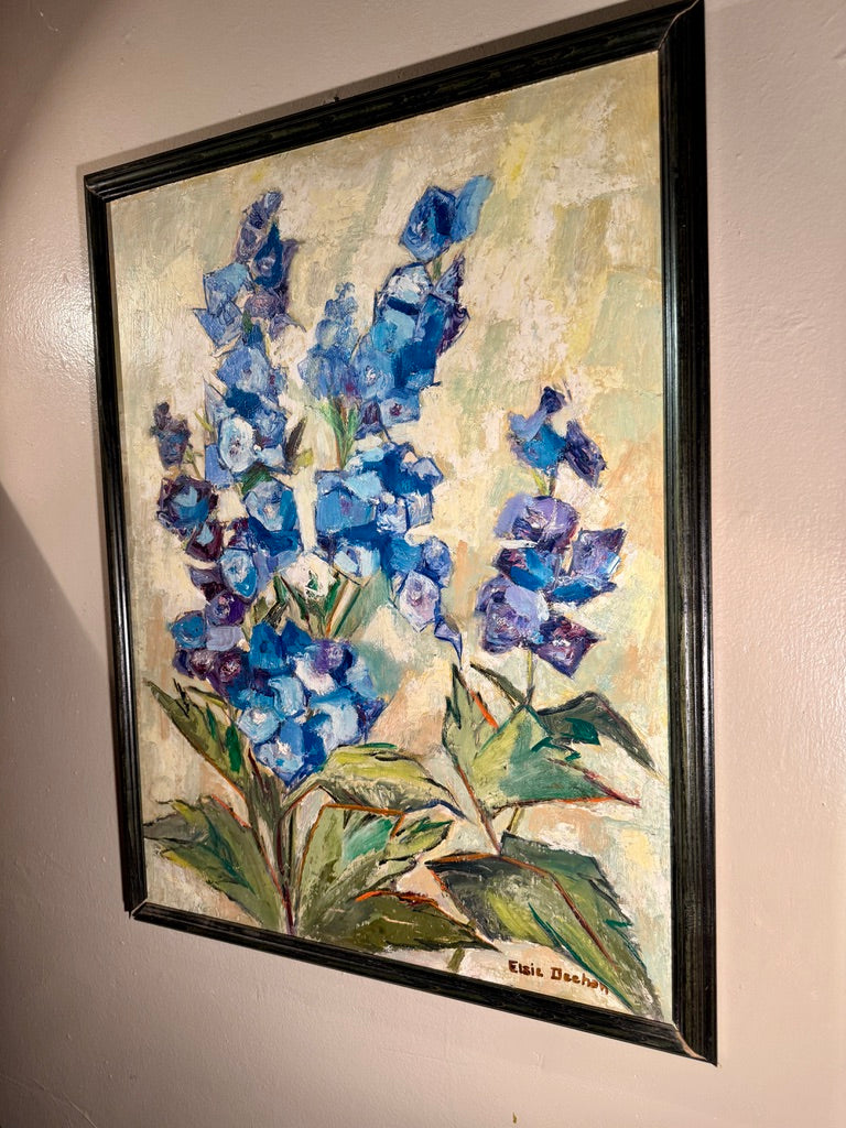 “Blue Delphiniums” by Elsie H. Deehan, Michigan Artist, Oil on Canvas (c. 1950s–1970s)