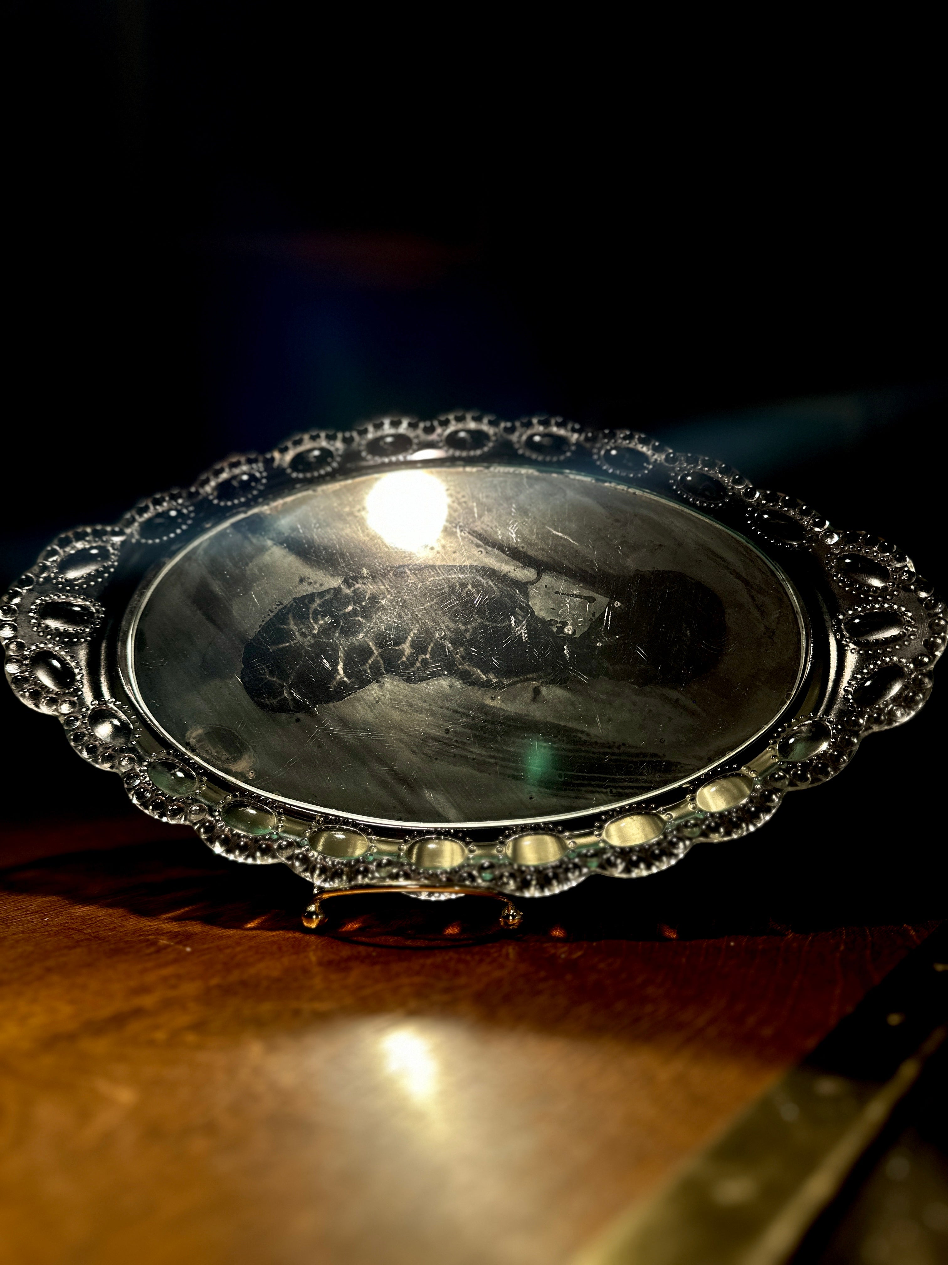 Vintage Oval Glass Vanity Mirror with Beaded Frame | Early 20th Century Tabletop Mirror