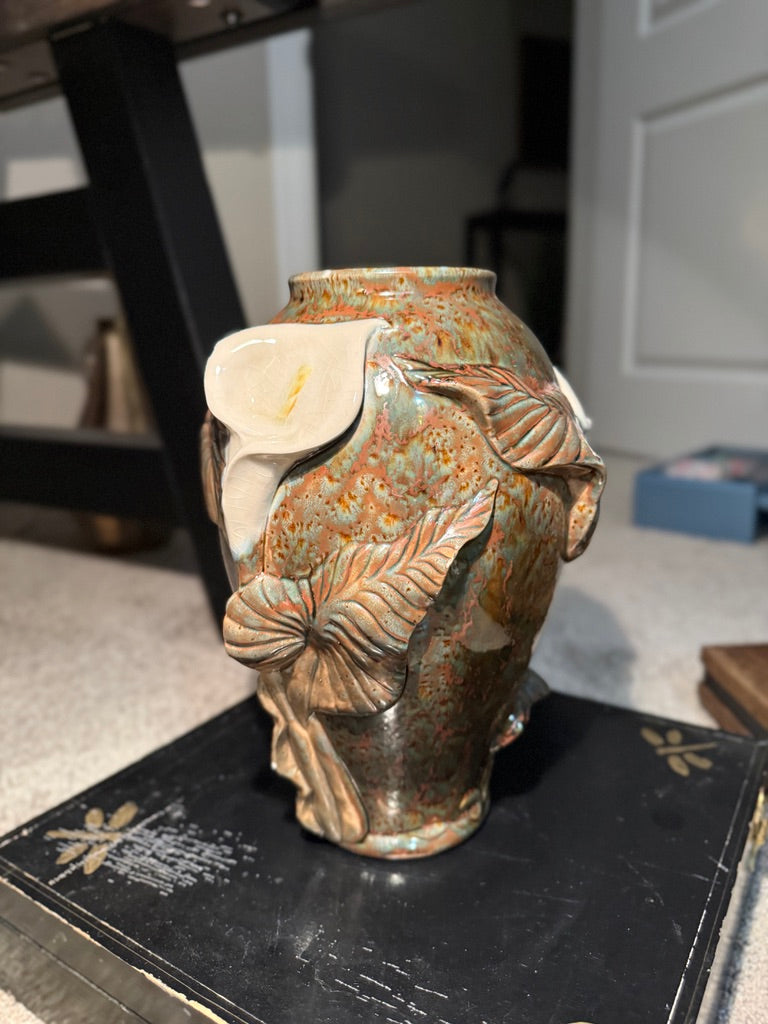 Calla Lilies in Copper Green, Signed Doyle Ceramic Vase