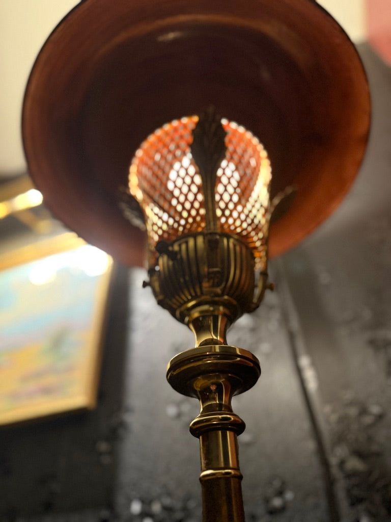 Art Deco Pull-Down Torchiere Floor Lamp – Brass & Amber Glass, c.1935-1950