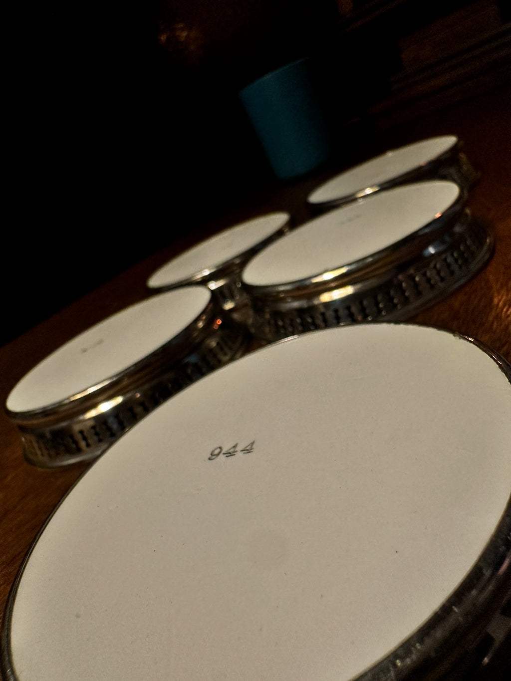 Set of Five Floral Porcelain Coasters with Pierced Silverplate Gallery Rims