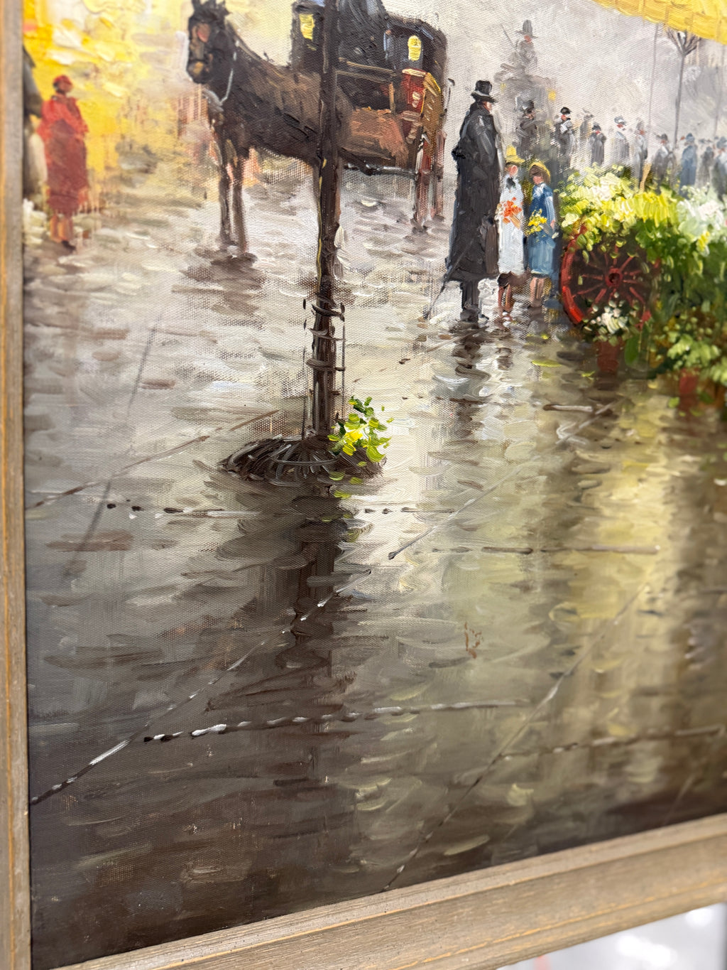 The Flower Market Beneath the Chrysler Building, Oil On Canvas 50 x 28, Unsigned 20th Century