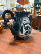 Hand-Painted Mexican Pottery Teapot, Grisaille View of the Puente de Tepetapa Lettered by the Painter, Black Glaze with Scalloped Rim and Foot, Guanajuato, Mid-20th Century