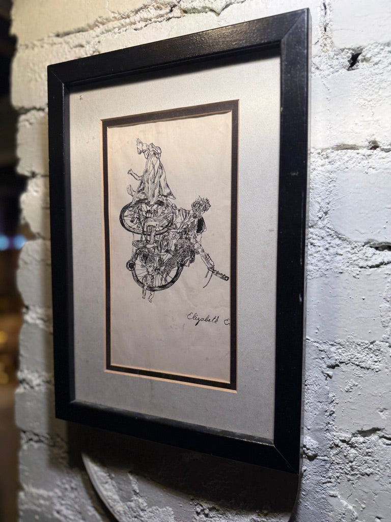 Mid Century Signed Figurative Ink Drawing of Figures Entwined with Bicycle c. 1950s