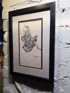 Mid Century Signed Figurative Ink Drawing of Figures Entwined with Bicycle c. 1950s
