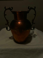 Large Hammered Copper Amphora Urn Vase with Ornate Cast Handles, c. 1930s–1950s