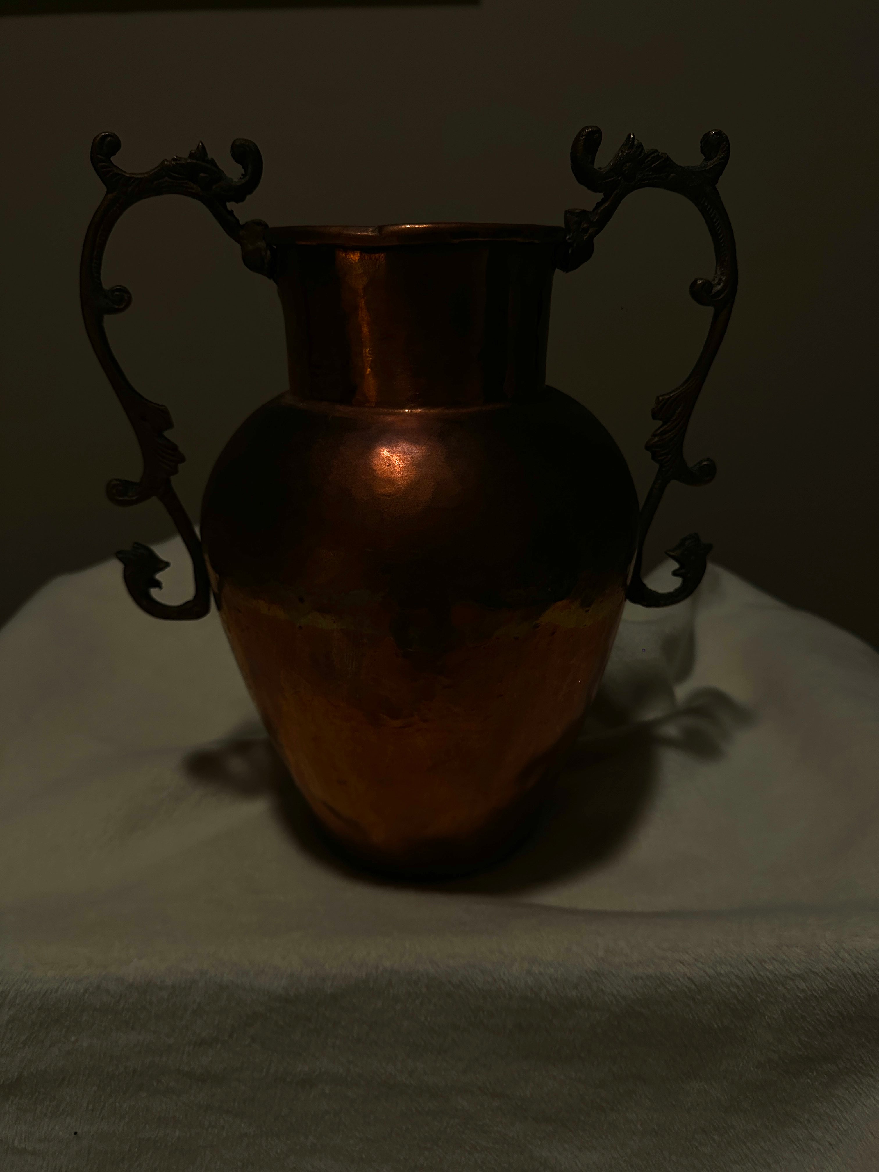 Large Hammered Copper Amphora Urn Vase with Ornate Cast Handles, c. 1930s–1950s