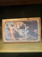 Giltwood Footed Jewellery Casket with Ballet Studio Scene and White Filigree Trim, Red Velvet Interior, Original L Gambor “Twinkle Toes” Label, Japan, After 1952