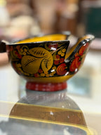 Russian Khokhloma Lacquered Wooden Dish, Gold Ground with Strawberries and Rowan over Black, Turned and Hand-Painted, c. 1960–1985