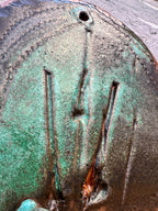 Slab-Built Stoneware Wall Pocket, Oval, Copper-Green Glaze Breaking Rust over Incised and Rouletted Decoration, c. 1970–1995
