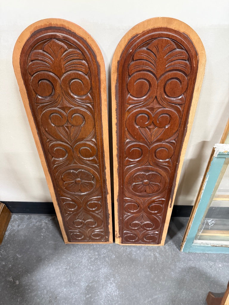 Pair of Carved Arched Panels, Scrolled Foliate Relief in Mahogany, Architectural Salvage, c. 1880–1920
