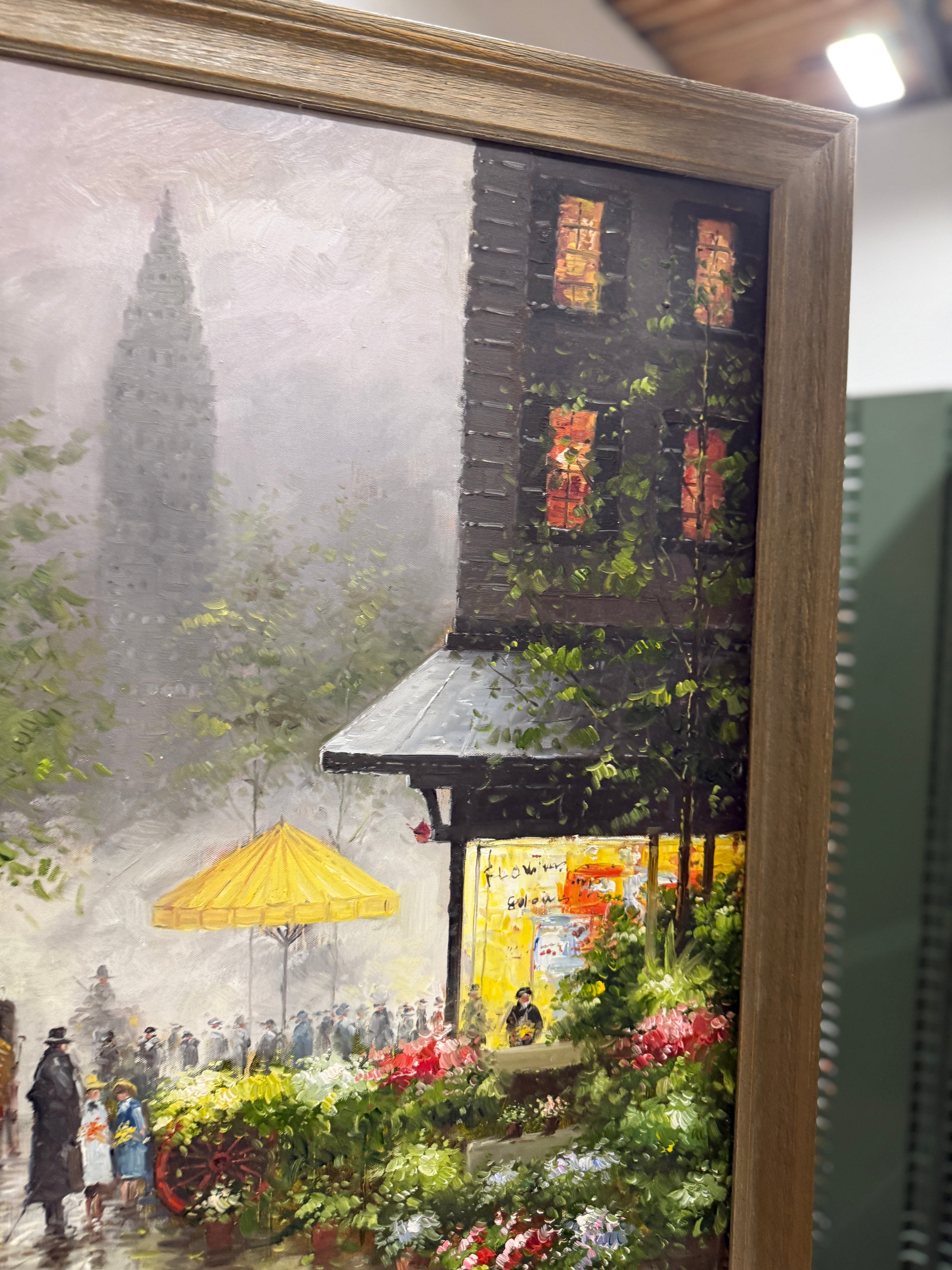The Flower Market Beneath the Chrysler Building, Oil On Canvas 50 x 28, Unsigned 20th Century