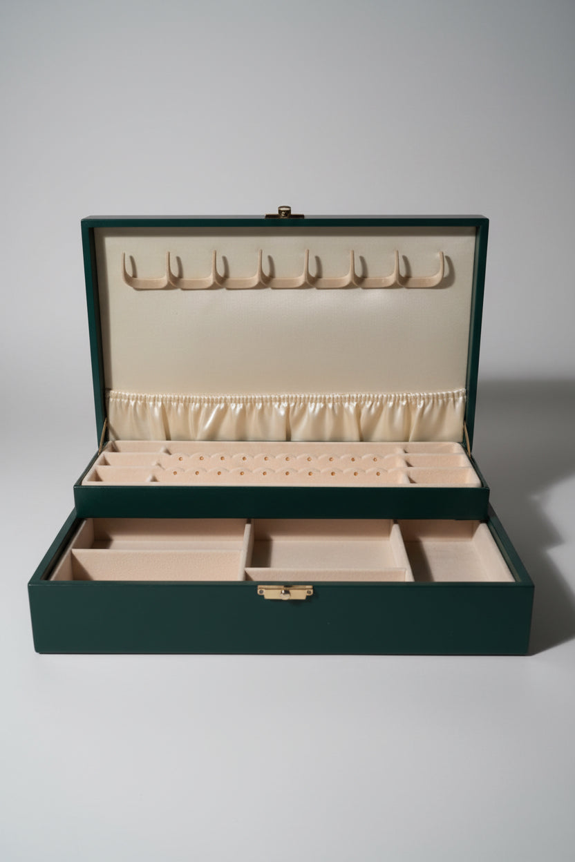 Vintage Mele Jewelry Box, Emerald Green with Ivory Interior, c. 1950–1970