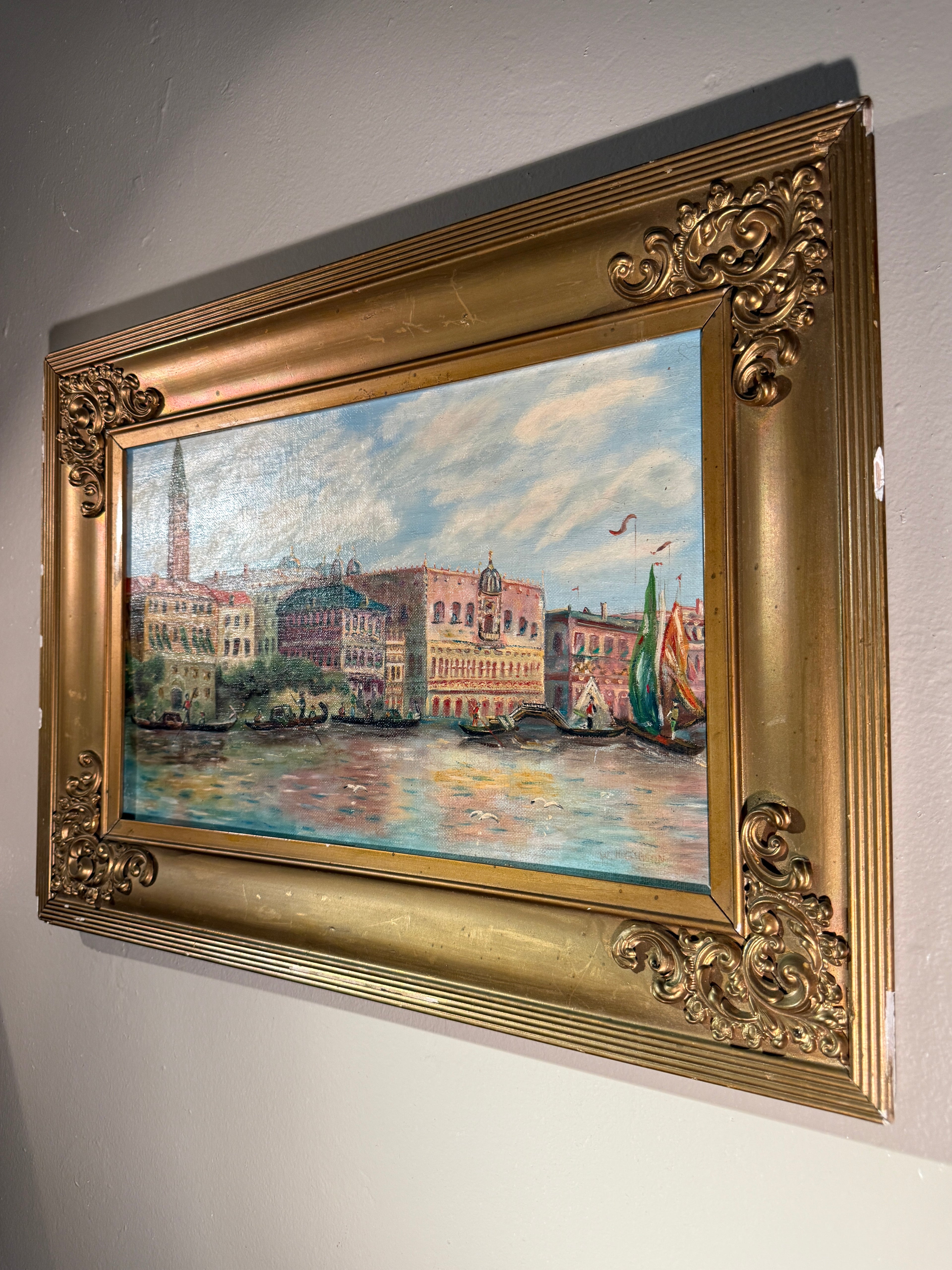 W.H. Gibson Venetian Harbor Oil Painting in Gilt Frame