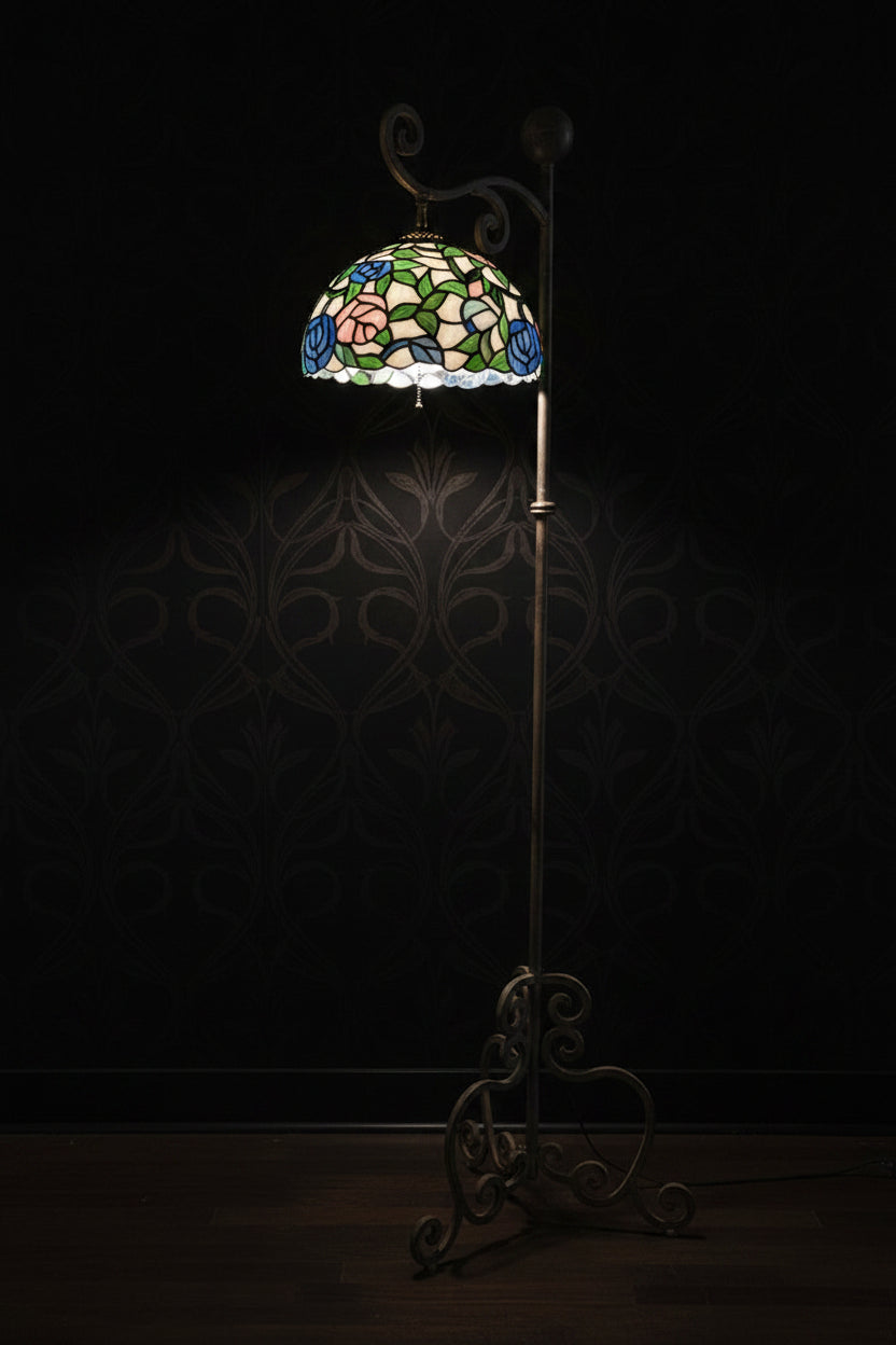 Early 20th Century Tiffany-Style Art Nouveau Floral Stained Glass Bridge Floor Lamp, c. 1920s–1940s