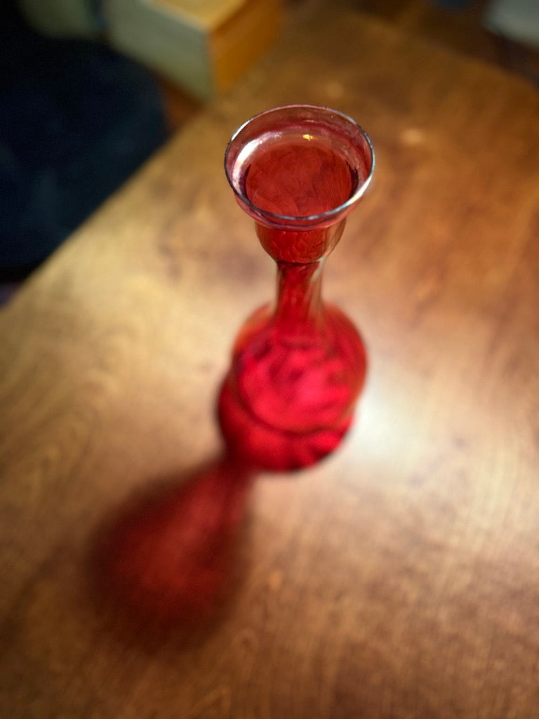 Ruby Optic Art Glass Vase — Hand-Blown Red Glass with Twisted & Scalloped Design (c. 1950s-60s)