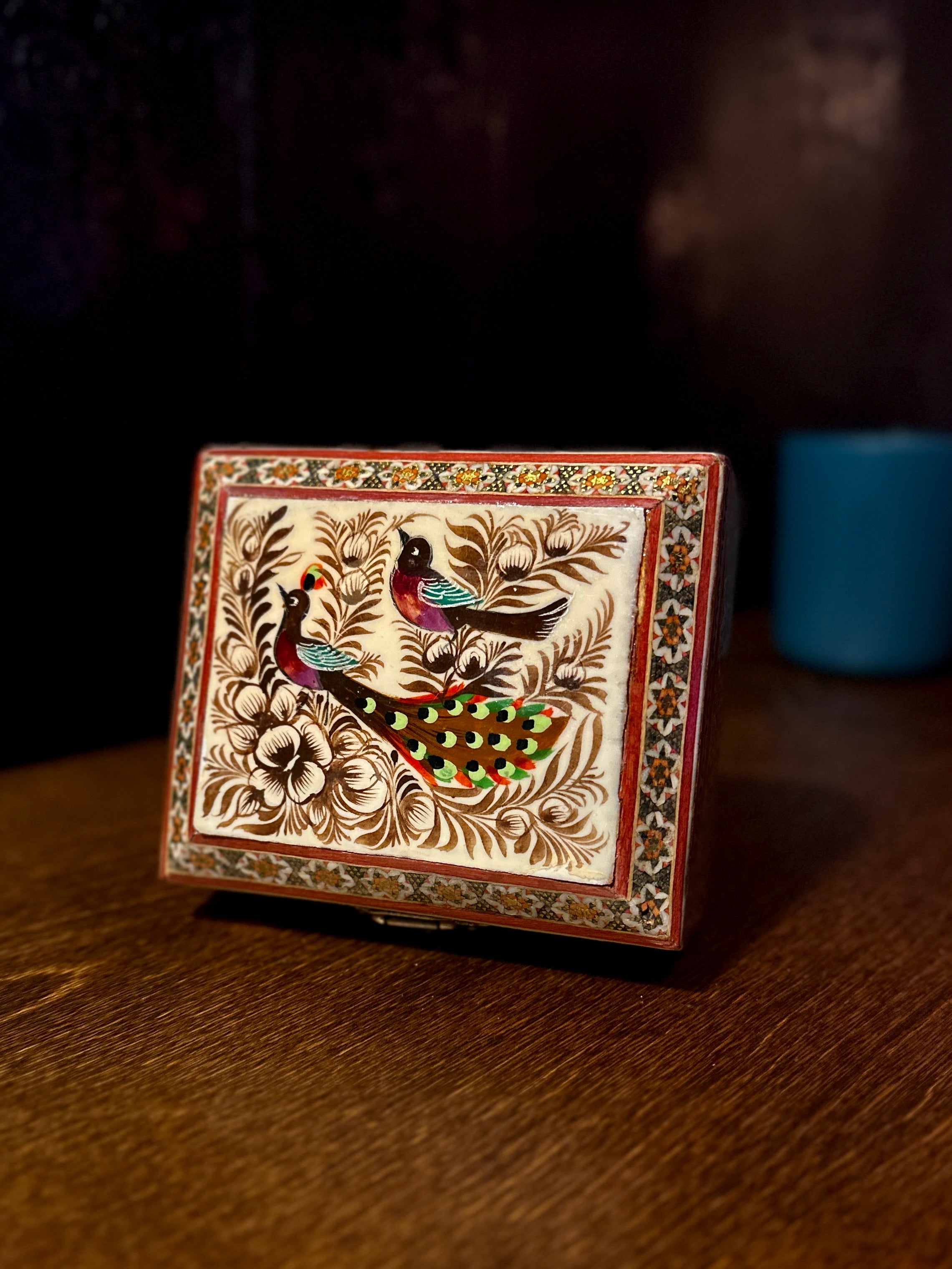 Handcrafted Indian Sadeli-Style Inlaid Trinket Box with Painted Bird Motif