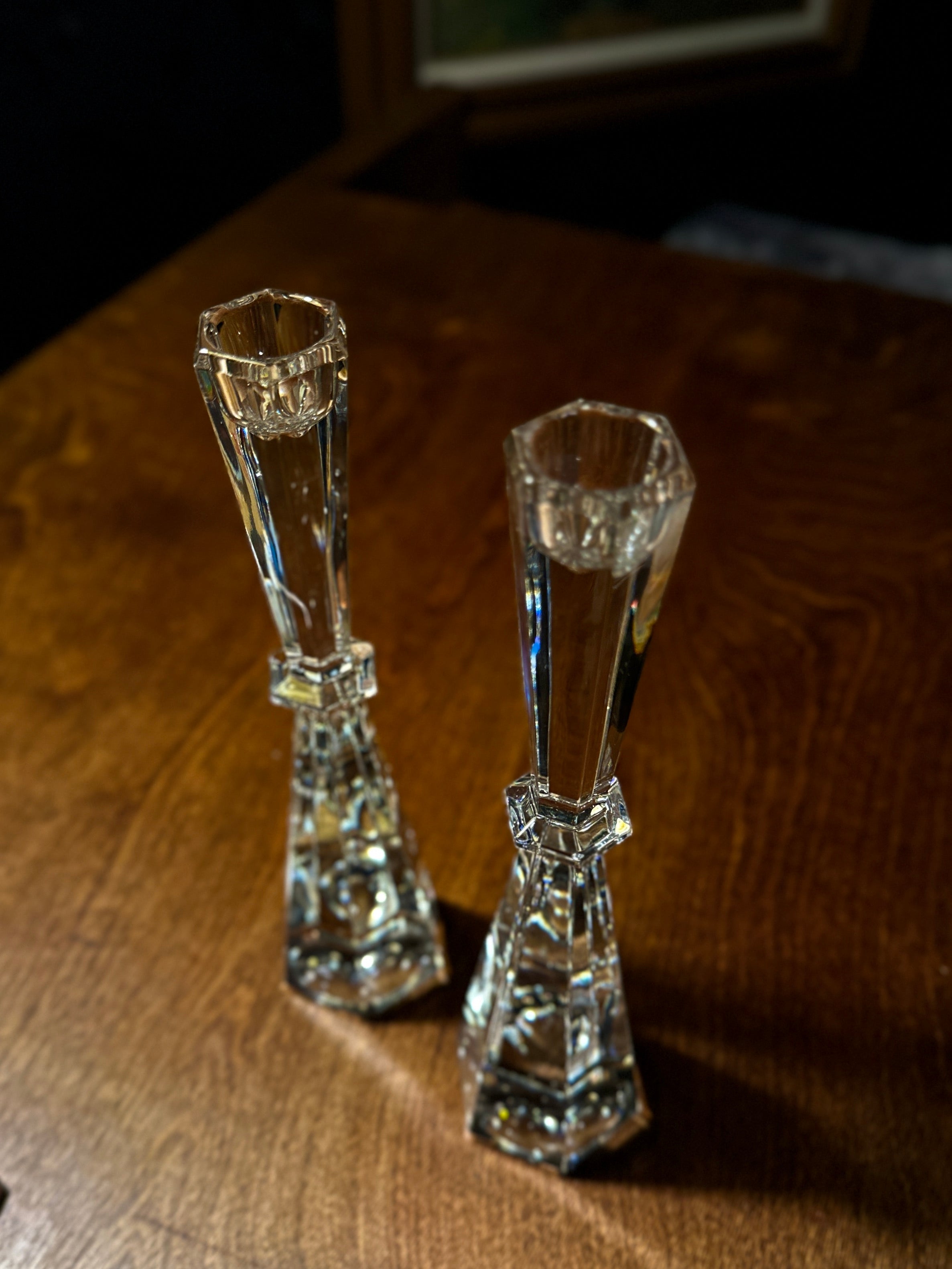 Mid-Century Faceted Crystal Candlesticks, Pair, c. 1950s–1960s