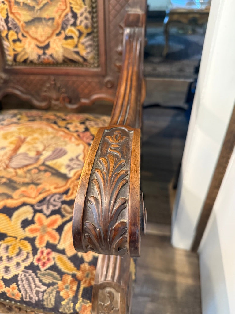 c.1870 French Renaissance Revival Carved Armchair with Antique Needlepoint