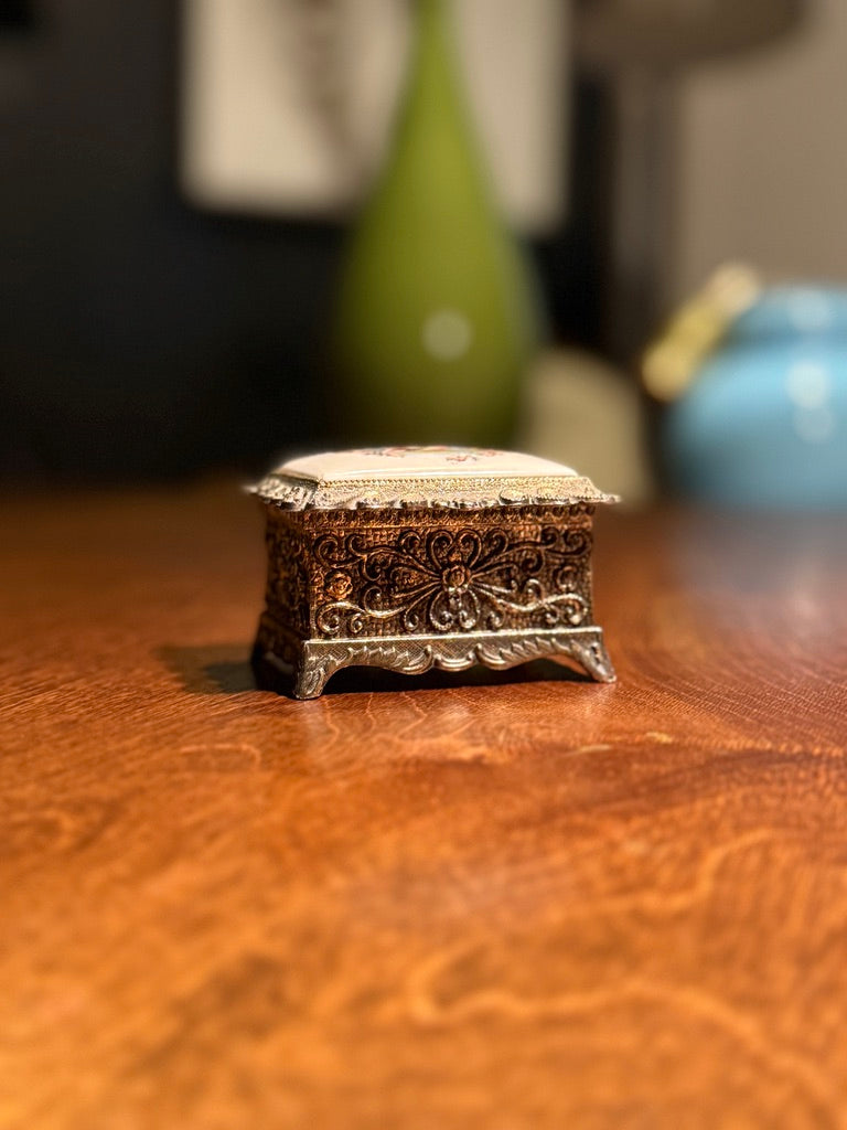 Antique Music Box with Hand-Painted Porcelain Lid and Ornate Metalwork, c. 1890–1915