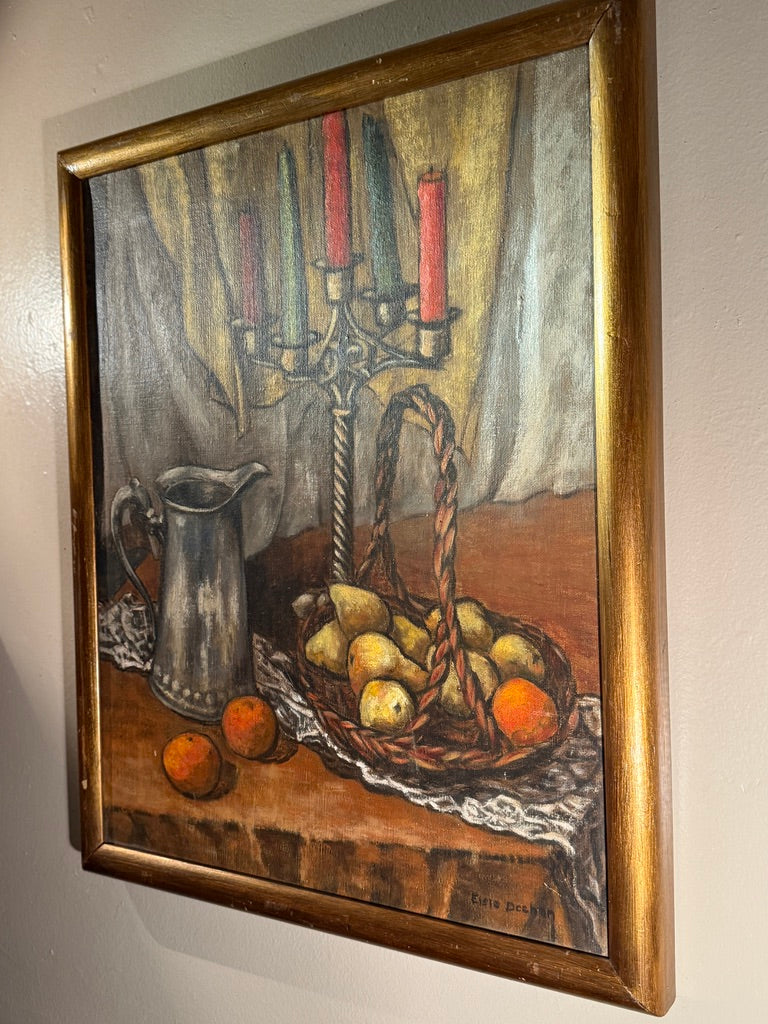 “Still Life with Candelabra and Fruit” by Elsie H. Deehan, Oil on Canvas (Mid-20th Century)