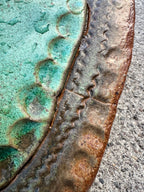 Slab-Built Stoneware Wall Pocket, Oval, Copper-Green Glaze Breaking Rust over Incised and Rouletted Decoration, c. 1970–1995