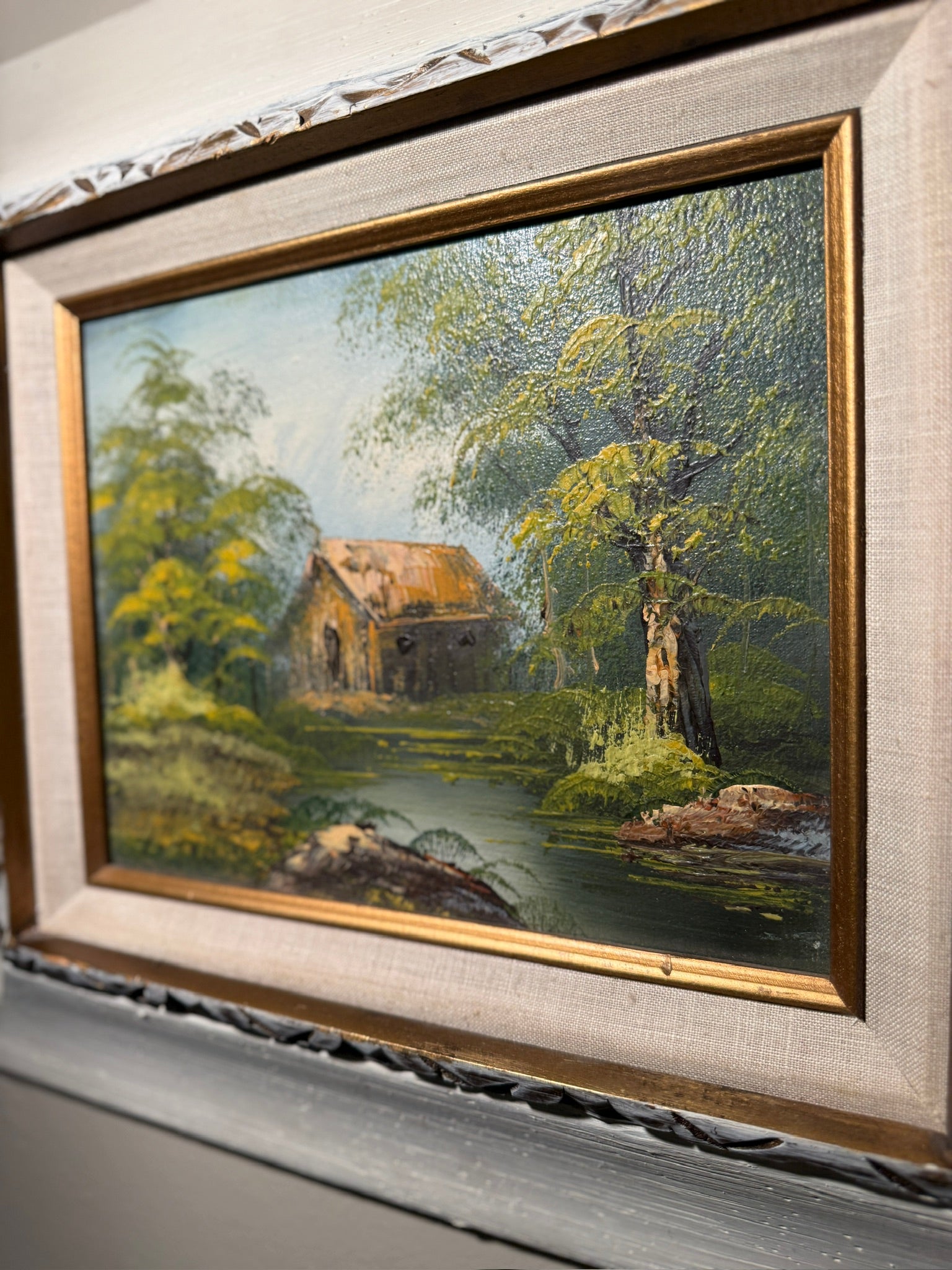 Mid-Century Impasto Landscape Oil Painting Signed “TRASK” — Cottage & River Scene, c. 1955–1965