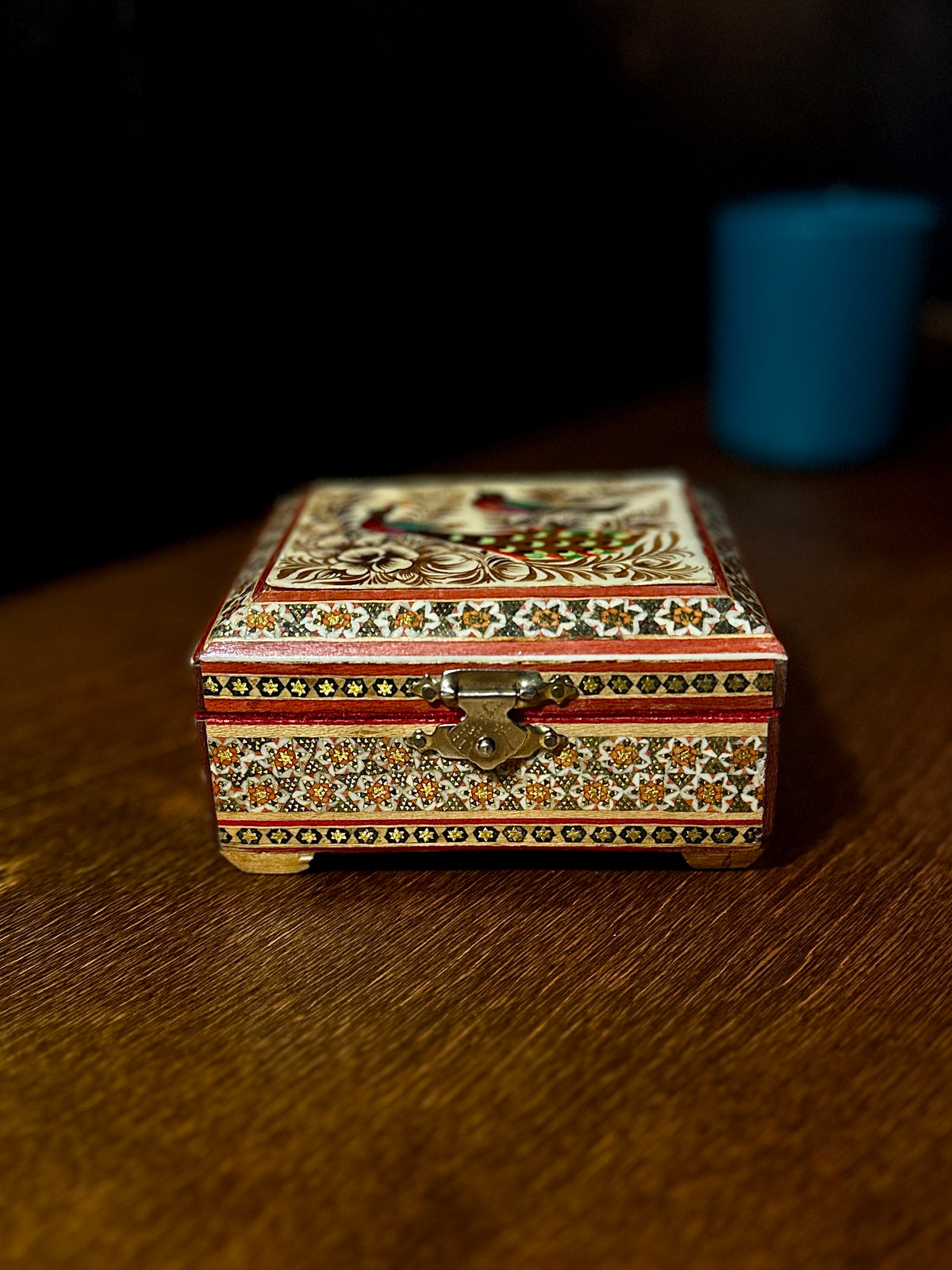 Handcrafted Indian Sadeli-Style Inlaid Trinket Box with Painted Bird Motif