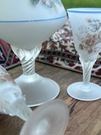 Frosted White Glass Ewer with two Matching Cordial Goblets