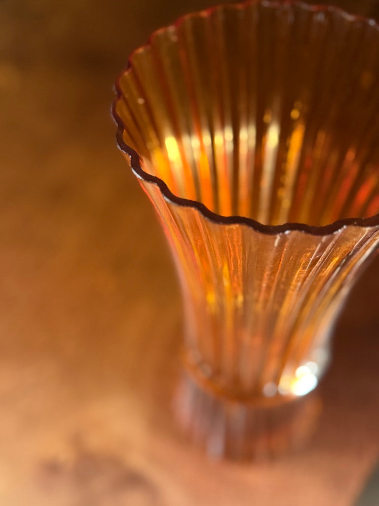 Antique Amber Carnival Glass Vase c.1910–1930 | Ribbed Iridescent Pressed Glass