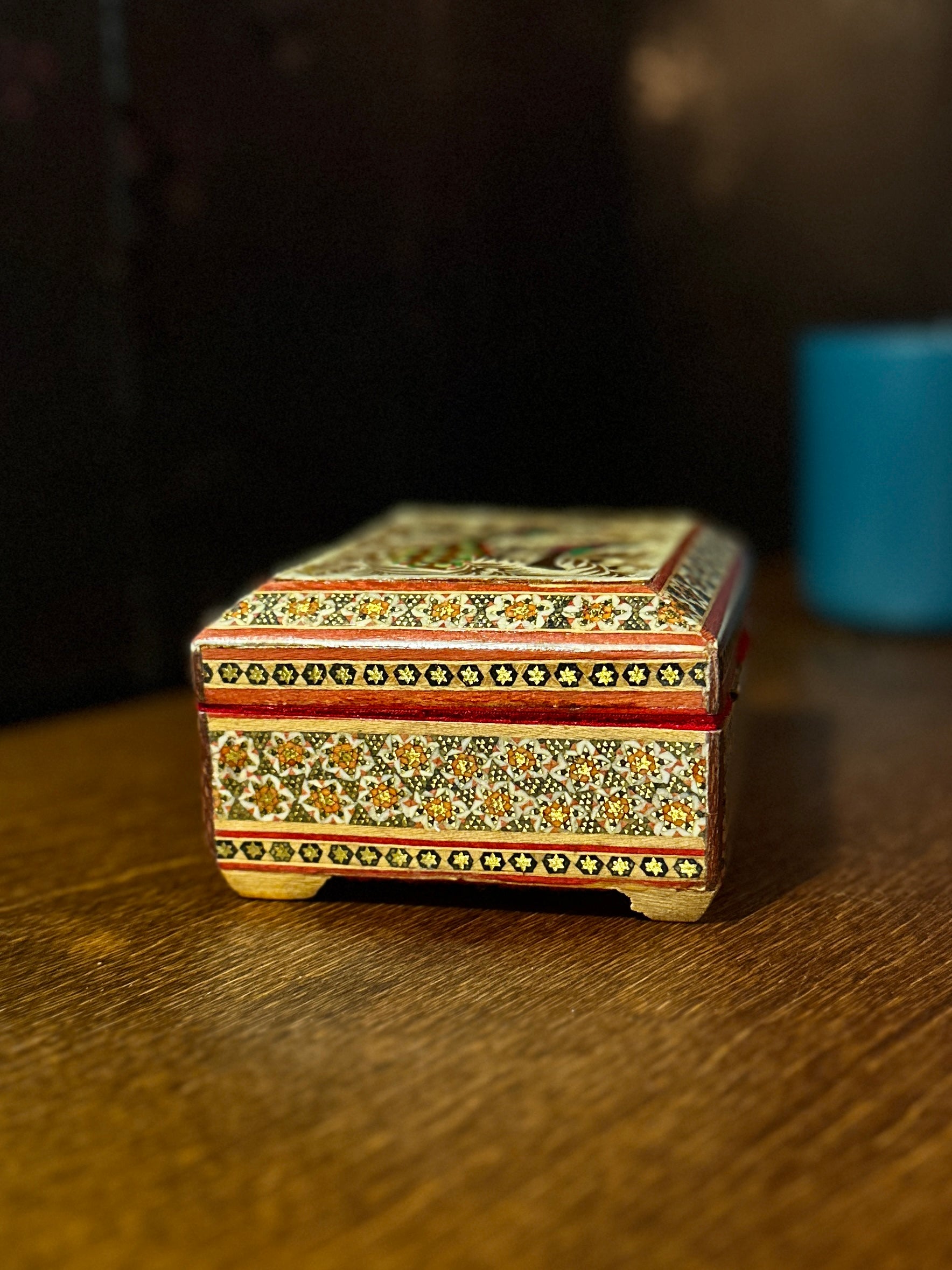 Handcrafted Indian Sadeli-Style Inlaid Trinket Box with Painted Bird Motif