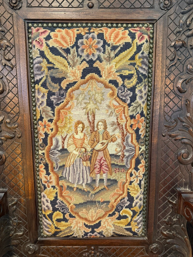 c.1870 French Renaissance Revival Carved Armchair with Antique Needlepoint