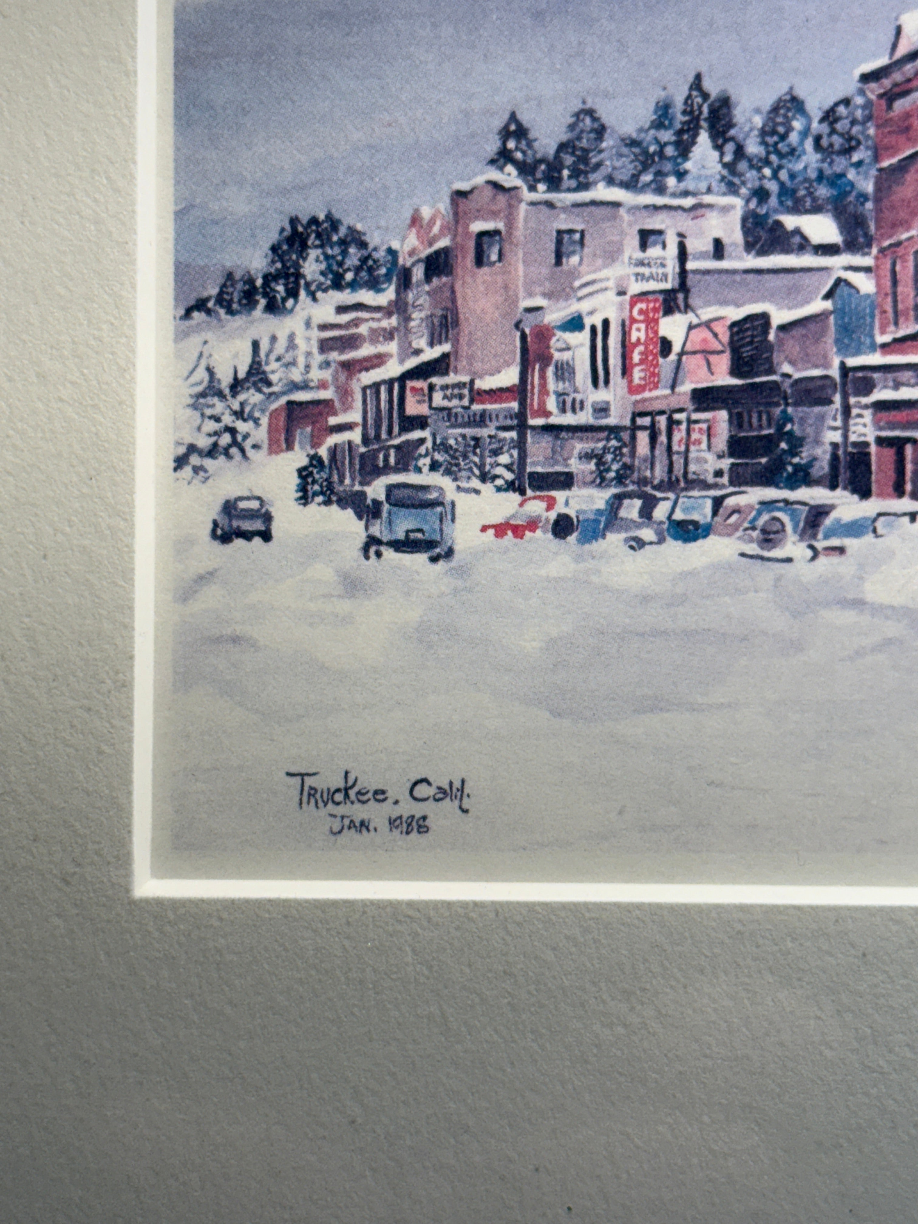 Truckee, California Winter Street Scene (1986) | Limited Edition Print by A. Dygert | Framed Mountain Town Art