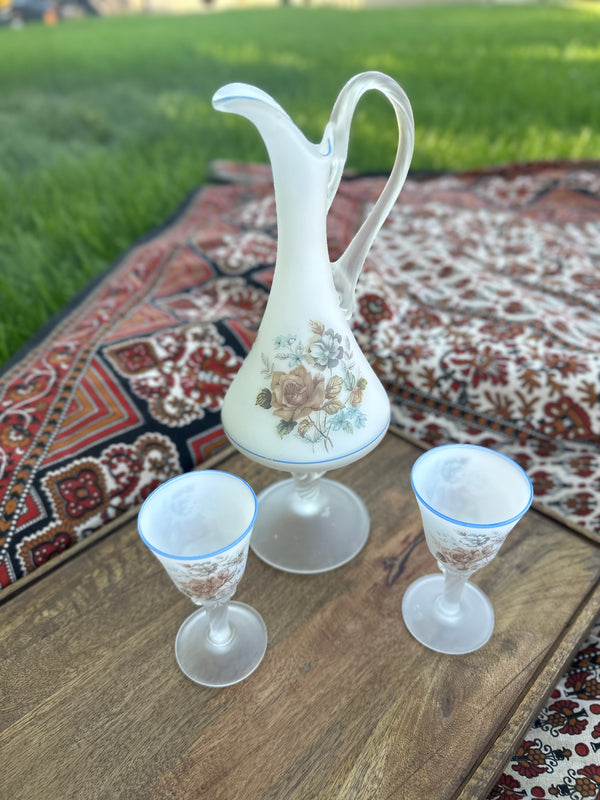 Frosted White Glass Ewer with two Matching Cordial Goblets
