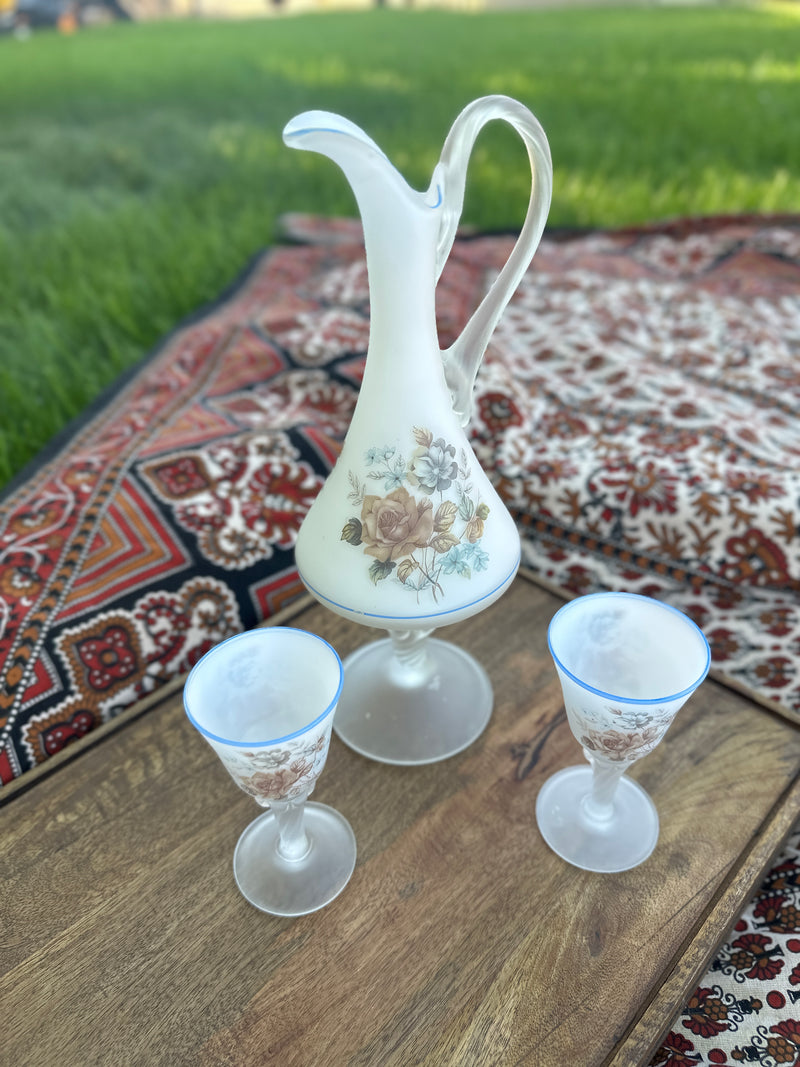 Frosted White Glass Ewer with two Matching Cordial Goblets