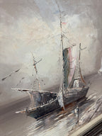 “Harbor at Dusk” — Signed E. Bauer, European/American School, c.1950s–1960s, Oil on Canvas