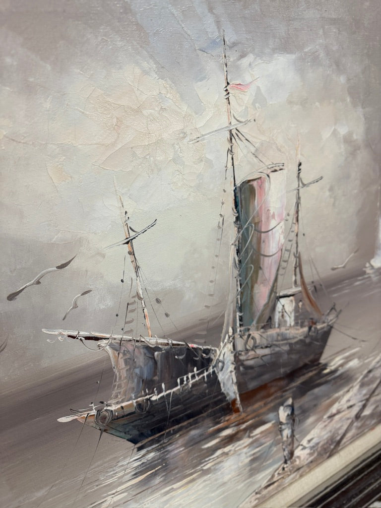 “Harbor at Dusk” — Signed E. Bauer, European/American School, c.1950s–1960s, Oil on Canvas