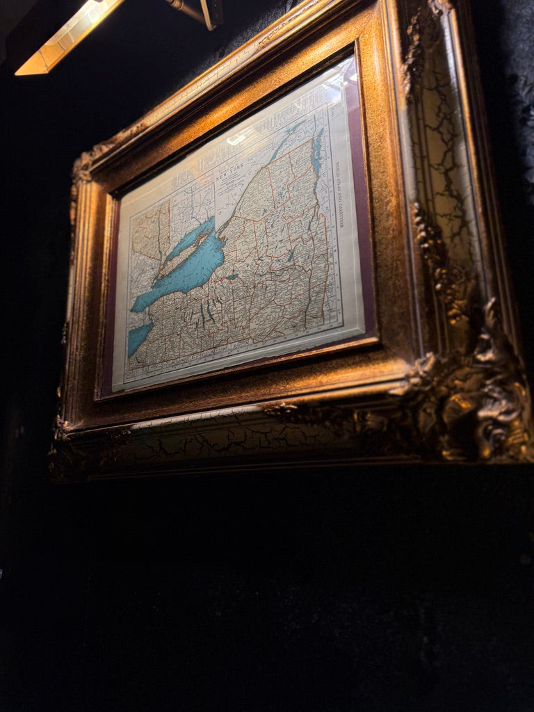1939 New York State Map from Collier’s World Atlas in Ornate Gilt Frame