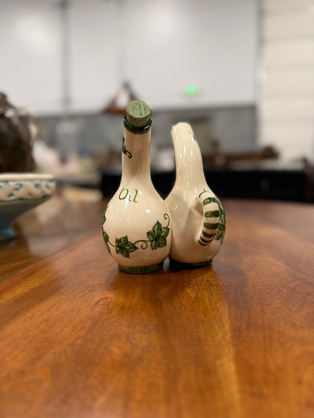 Vintage Mid Century Ceramic Oil and Vinegar Cruet with Hand-Painted Ivy c 1950s