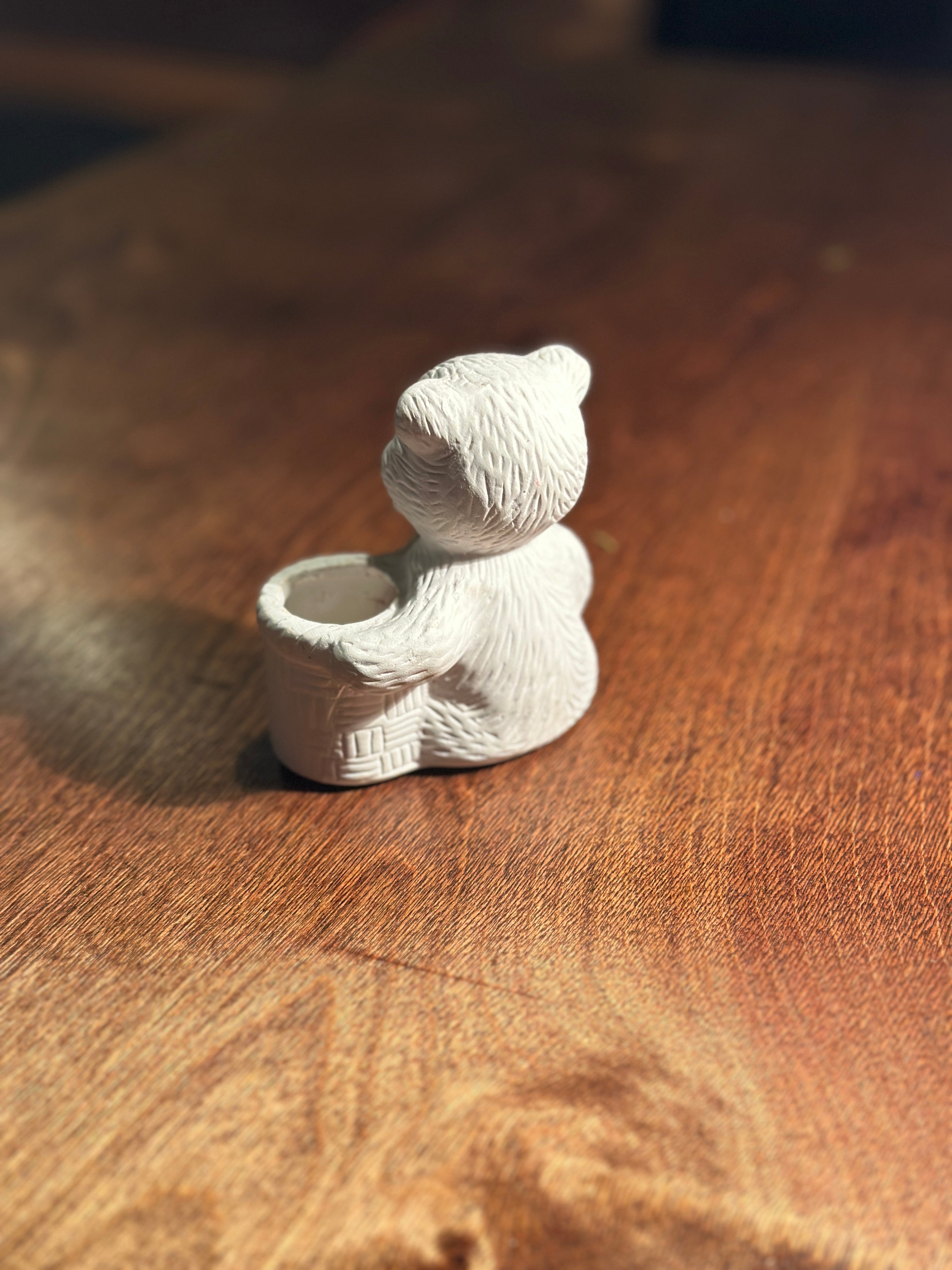 Vintage Teddy Bear Figurine with Basket Candle Holder, Mid-20th Century Nursery Decor