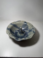 Robin, Carson City Pottery Ruffled Stoneware Ring Dish, Blue-Over-Celadon Brushwork, Nevada, c. 1990s