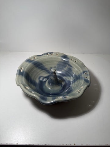 Robin, Carson City Pottery Ruffled Stoneware Ring Dish, Blue-Over-Celadon Brushwork, Nevada, c. 1990s