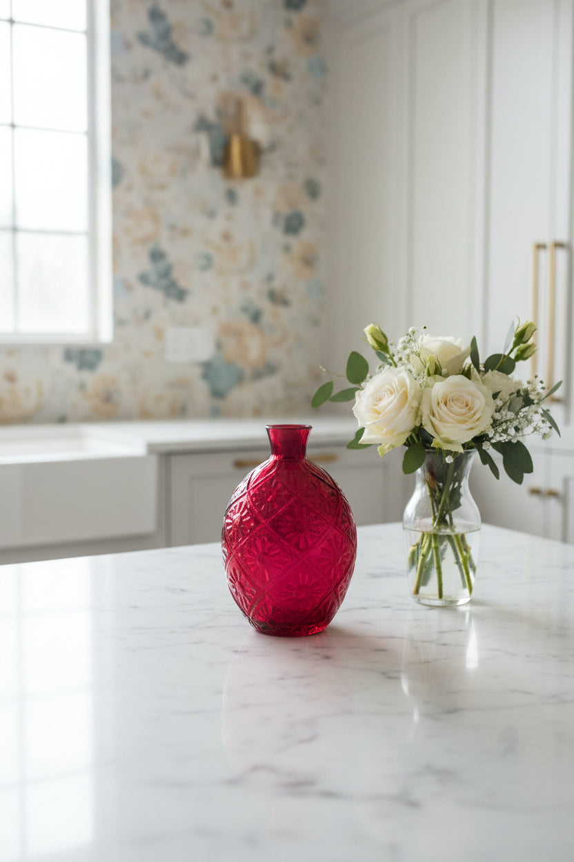 Vintage Cranberry Glass Vase | Mid-20th Century Embossed Floral Decor