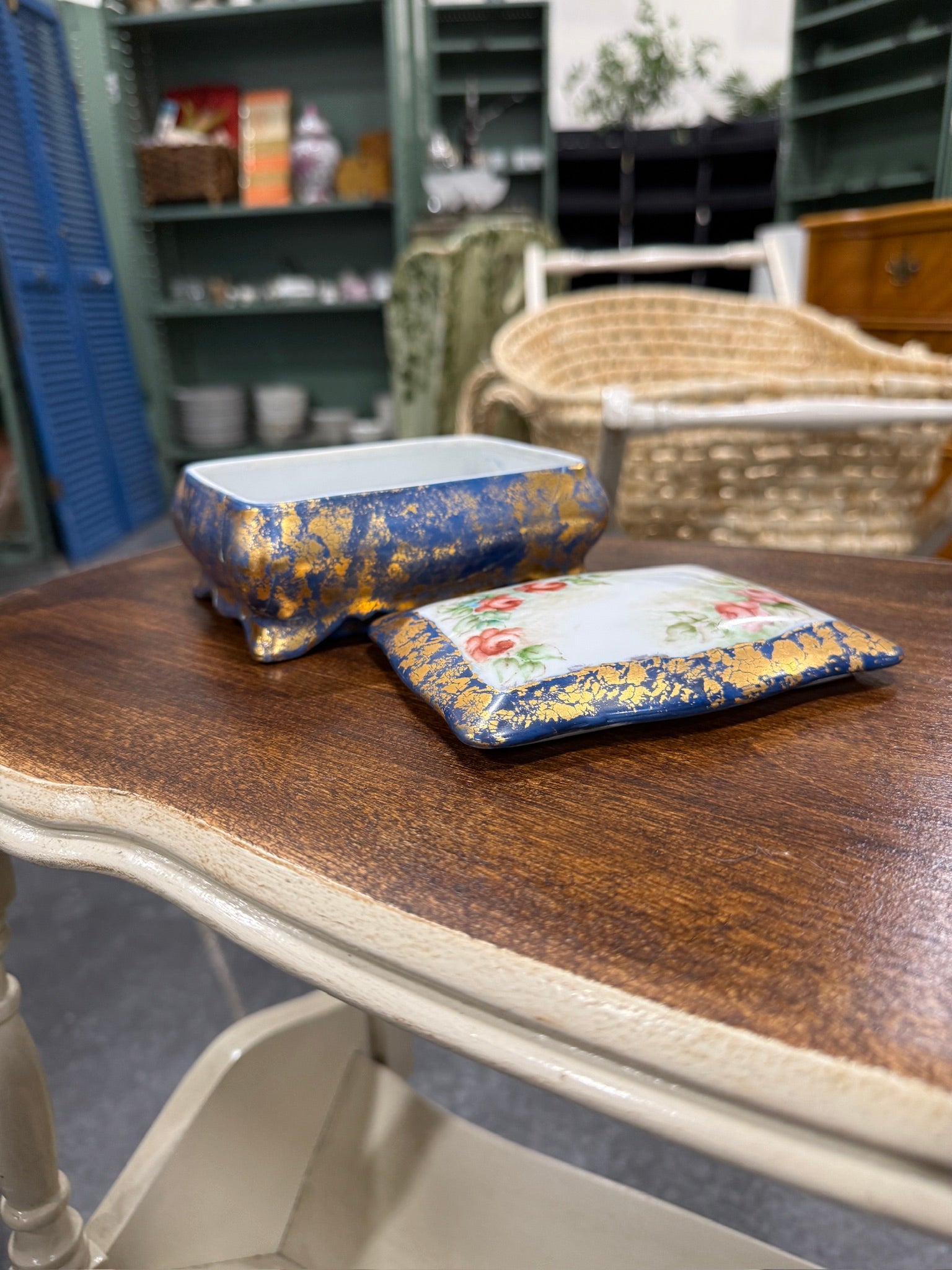 Artist-Signed Hand-Painted Porcelain Dresser Box with Cobalt Blue & Gold Finish