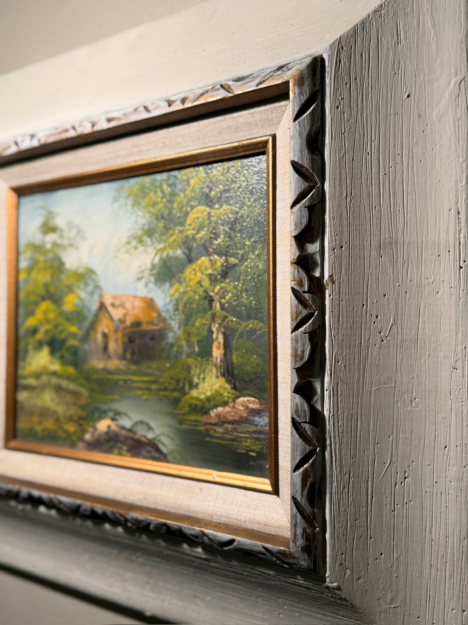Mid-Century Impasto Landscape Oil Painting Signed “TRASK” — Cottage & River Scene, c. 1955–1965