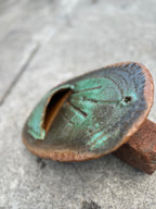 Slab-Built Stoneware Wall Pocket, Oval, Copper-Green Glaze Breaking Rust over Incised and Rouletted Decoration, c. 1970–1995