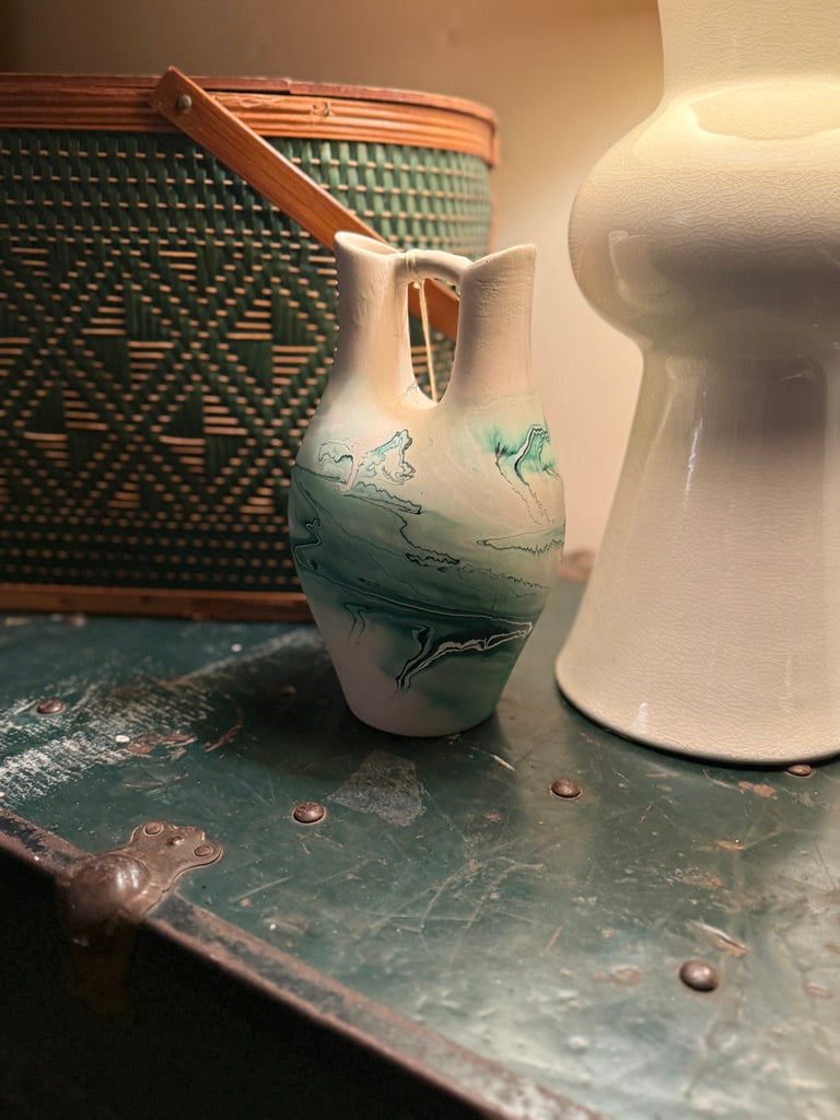 Vintage Nemadji Pottery Ceremonial Double-Spout Vase in Green & Ivory, c. 1970s–1980s